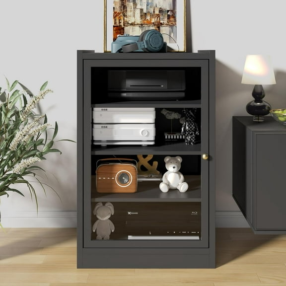 YANGLI 5-Tier Media Cabinet with Door, Black, Adjustable Shelves & Cable Management