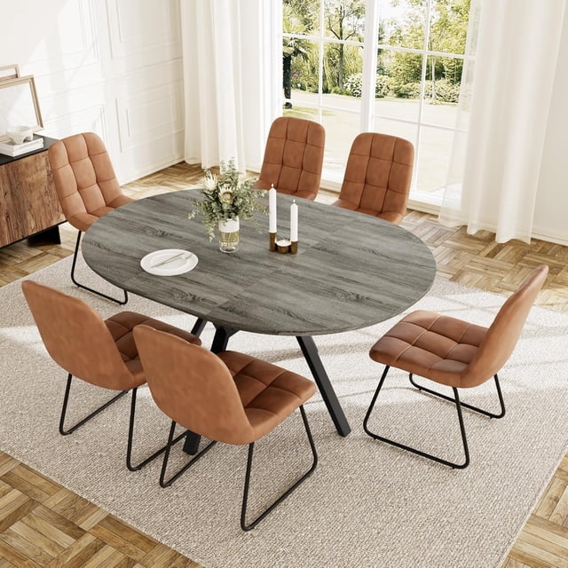 Extendable Round Dining Table Set for 6 People, 43.3"-59.1" Extendable Kitchen Table with 6 Upholstered Chairs, Space Saving for Kitchen Dining Room (Grey Table+6 U-Shaped Brown Chairs)