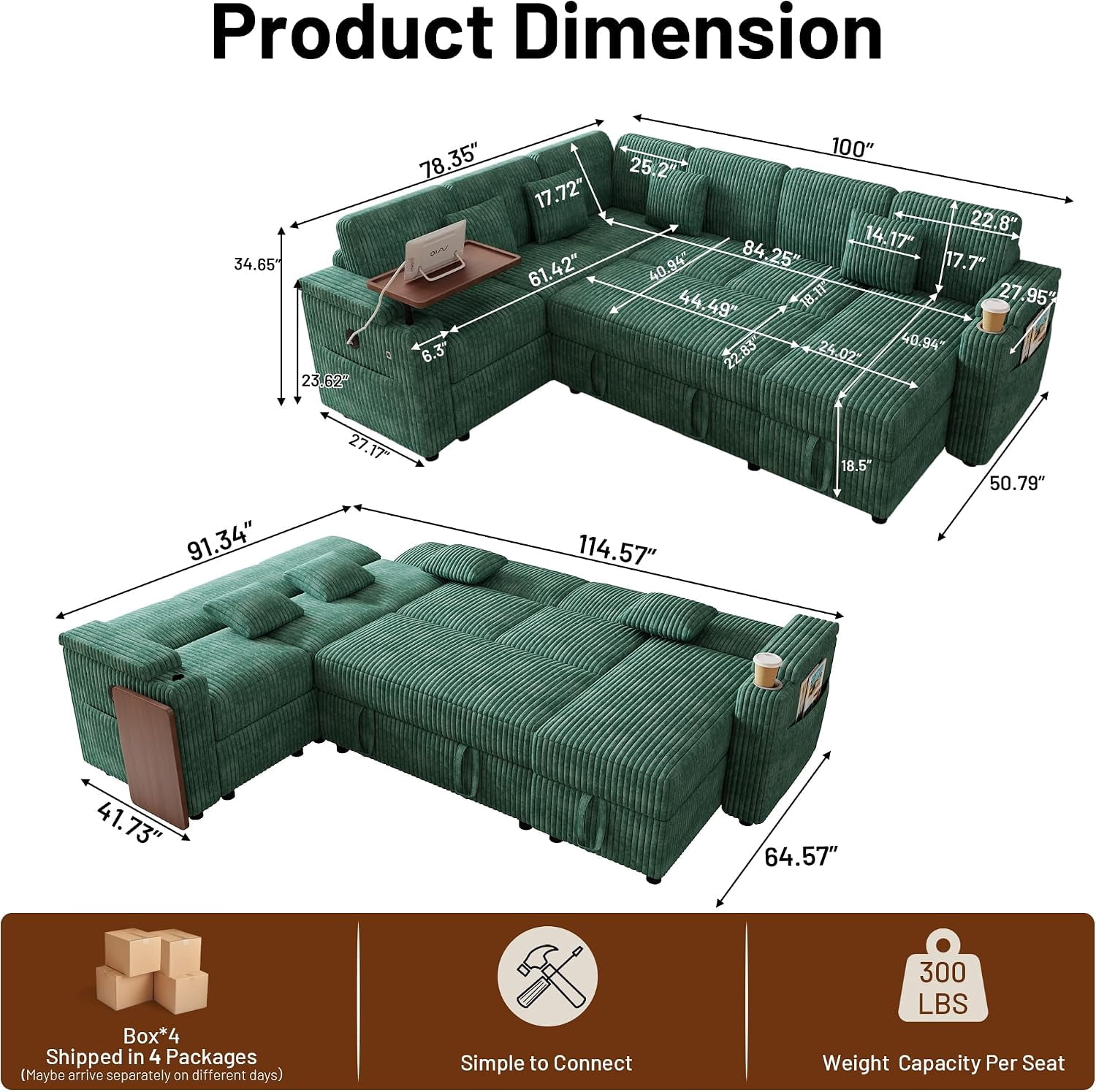 100 Inch U Shaped Pull Out Sofa Bed, Soft Corduroy Sleeper Sofa with USB Ports, Cup Holder, Table Board and Storage