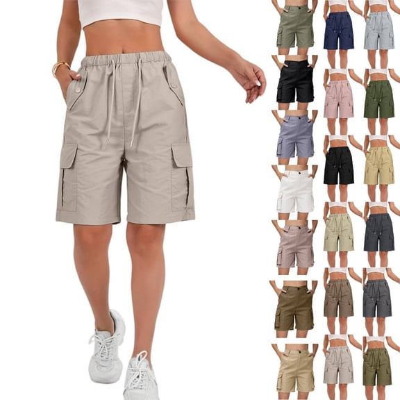 Cyglowse 2026 Cargo Shorts Women Bermuda Shorts Summer Quick Dry High Waisted Long Shorts Drawstring Knee Length Plus Size Ladies Hiking Shorts with Pockets Khaki XL 8" Inseam