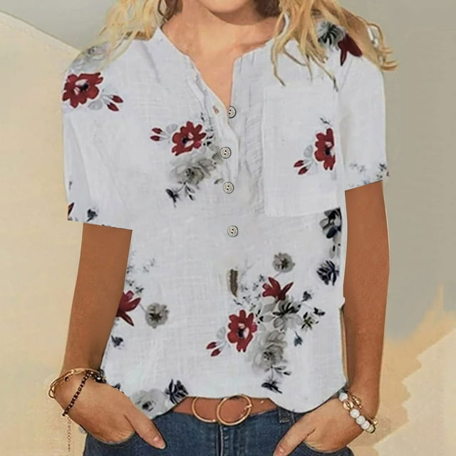 LSLJS T-Shirts pour Femmes Été Décontracté Manches Courtes T-Shirt Bouton Col Rond Pull Blouse Tops