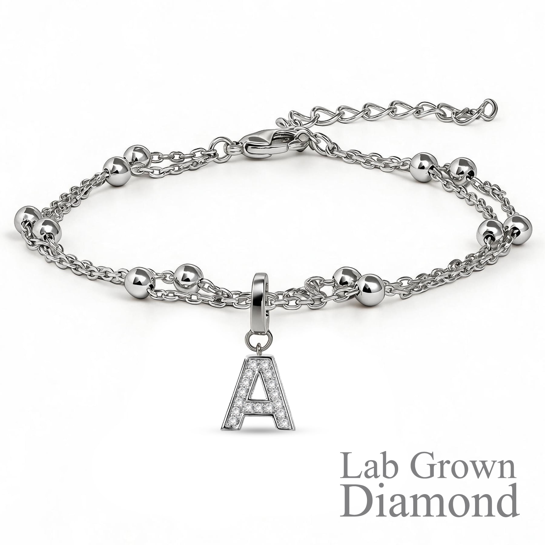 JeenMata Lab Grown Diamond Initial "A" Letter Bracelets - Double Layer Alphabet Jewelry Bracelet - 18K White Gold Plating for Women Jewelry
