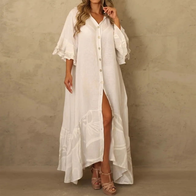 Vestido Largo Básico Impresión de vestido largo básico de gran tamaño para mujer elegante ropa diaria (blanco M) Cgtredaw Para estrenar