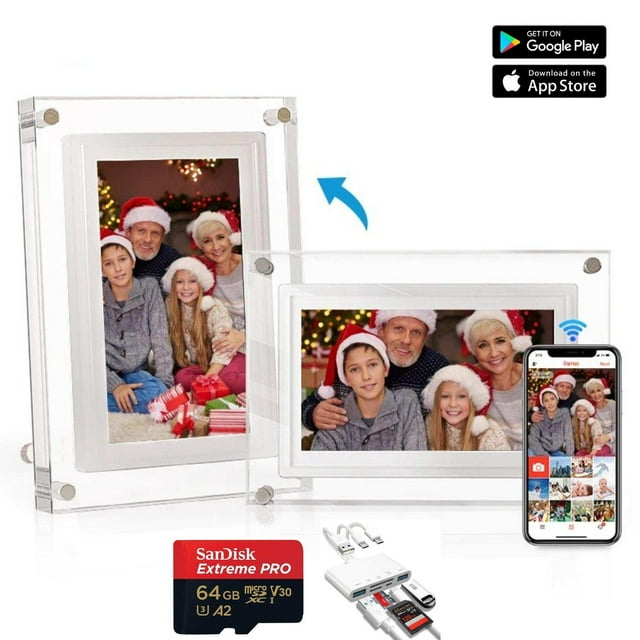 TUTT Cadre Photo Numérique en Acrylique 7 Pouces et 10” / Wi-Fi / Écran Tactile IPS / Stockage Intégré 32 Go / Application Frameo / Carte micro SD SanDisk Extreme PRO® 64 Go + Trousse de Lecture