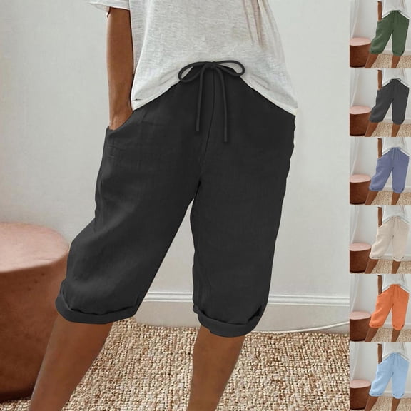 Miluxas Capris Pants for Women Summer Casual Loose Drawstring Elastic High Waist Straight Lounge Beach Cropped Trousers Purple XL(XL)