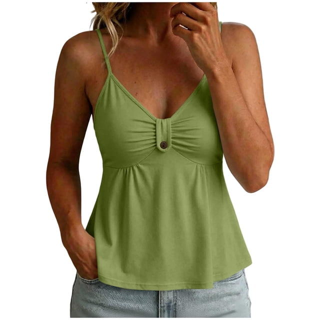 Fewfanhot Tops for Women Trendy Spaghetti Strap Peplum Lace Ruffle Hem Summer Cami Tank Top