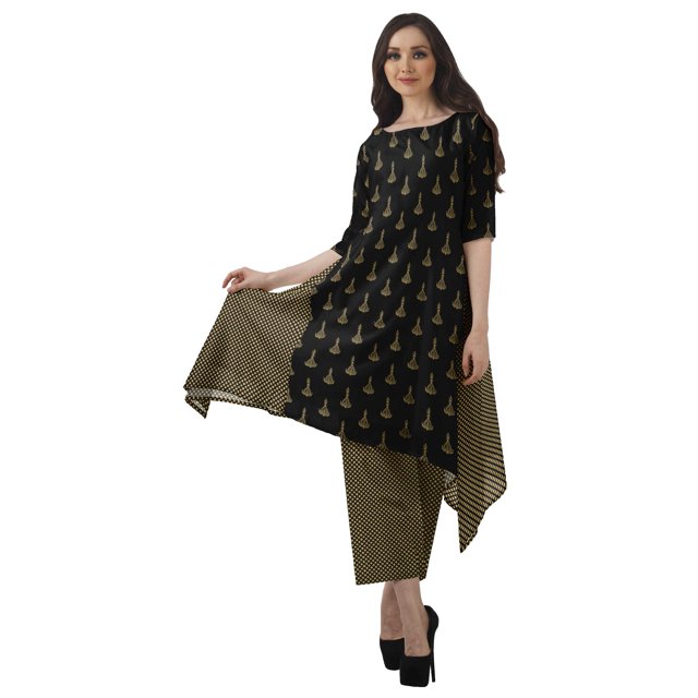 Moomaya Women's Plus Size Printed Asymmetric Kurti Pant Set, Chanderi, 1 Kurti with Pant