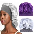 thumbnail image 1 of Gorro de dormir de satén, paquete de 2, banda ancha, color morado, gorro grande para cabello rizado y largo de mujer., 1 of 5