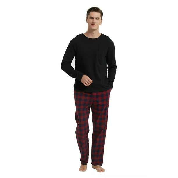 GLOBAL Conjunto de Pijama de Franela y Playera de Manga Larga para Hombre 100% Algodón a Cuadros Burdeos L
