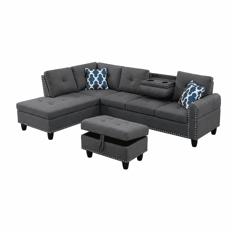 98" L-Shaped Sectional Sofa with Storage Ottoman, 4-Seat Linen Upholstered Modular Couch with Left Chaise, Drop-Down Backrest with Cup Holders, Nailhead Trim, 3-Piece Sofa Set for Living Room, Office