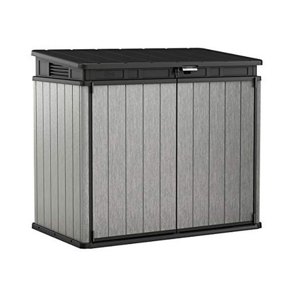 Keter Elite Store 4.6 x 2.7 Pieds Résine Hangar de Stockage Extérieur avec Charnières Faciles, Parfait pour les Poubelles, les Outils de Jardin et les Jouets de Piscine, ft, Gris et Noir