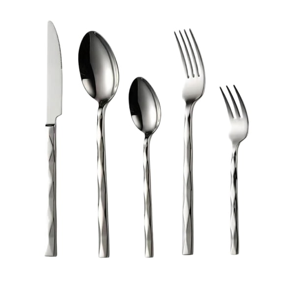 Forks and Spoons Silverware Set, 5 Pcs Textured Stainless Steel Cutlery, 7.5 in Dinner Forks, 8 in Soup Spoons, 8.5 in Steak Model, Polished Silver Finish, Casual Family Meals