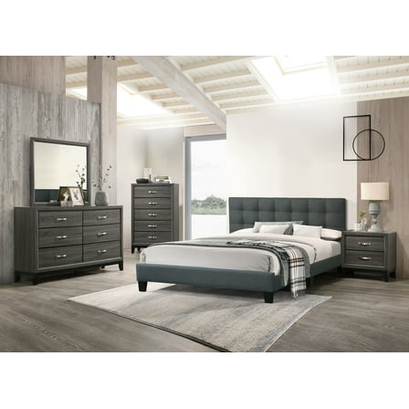 Bedroom furniture Charcoal Polyfiber California King Size bed Dresser Mirror Nightstand 4pc Set Plywood.
