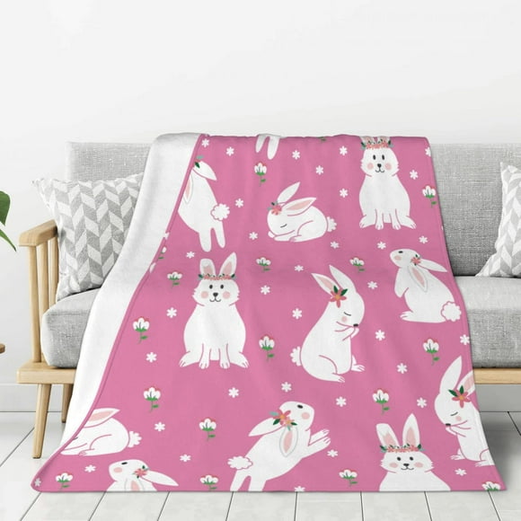 FJPT Couverture en Flanelle Lapin Fleur Légère Douce Chaude Confortable pour Canapé Lit Salon Cadeaux pour Garçons et Filles - Rose Blanc (30 Pouces x 40 Pouces)