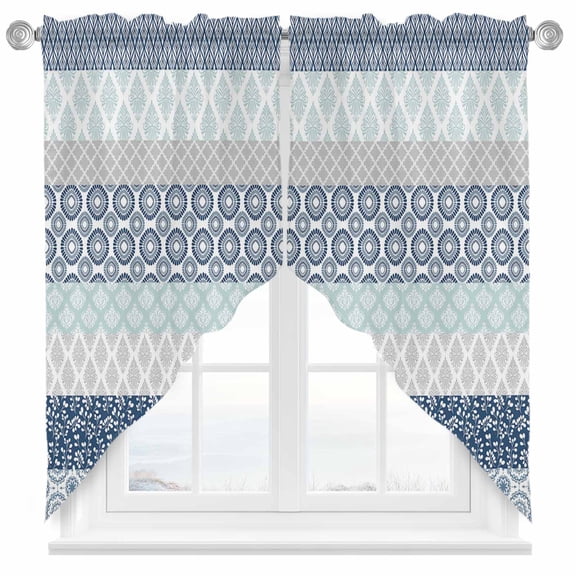 Swag Curtains Valances for Windows, Blue Grey Boho Short Kitchen Window Curtains Over Sink, Bohemian Geometric Pattern Cafe Curtains Panel Set Of 2,Rod Pocket, 45 Inches Length
