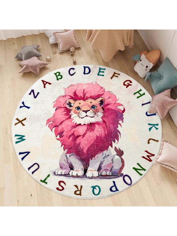 Lion Rug Carpet, 4Ft Round Kids ABC Play Mat, Pink, Washable, Nonslip, Alphabet Safari Animal Design, Suitable for Gilrs Bedroom Playroom Nursery Classroom Decor