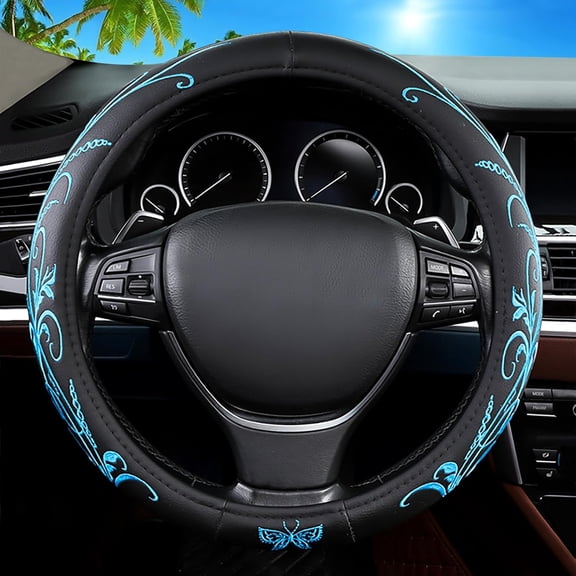 RIONIMA Car Leather Steering Wheel Cover - Material, Universal 14.5-15 Inch Leather Anti-Slip Breathable Auto Steering Wheel Covers for Men Women (Embroidery-Blue)
