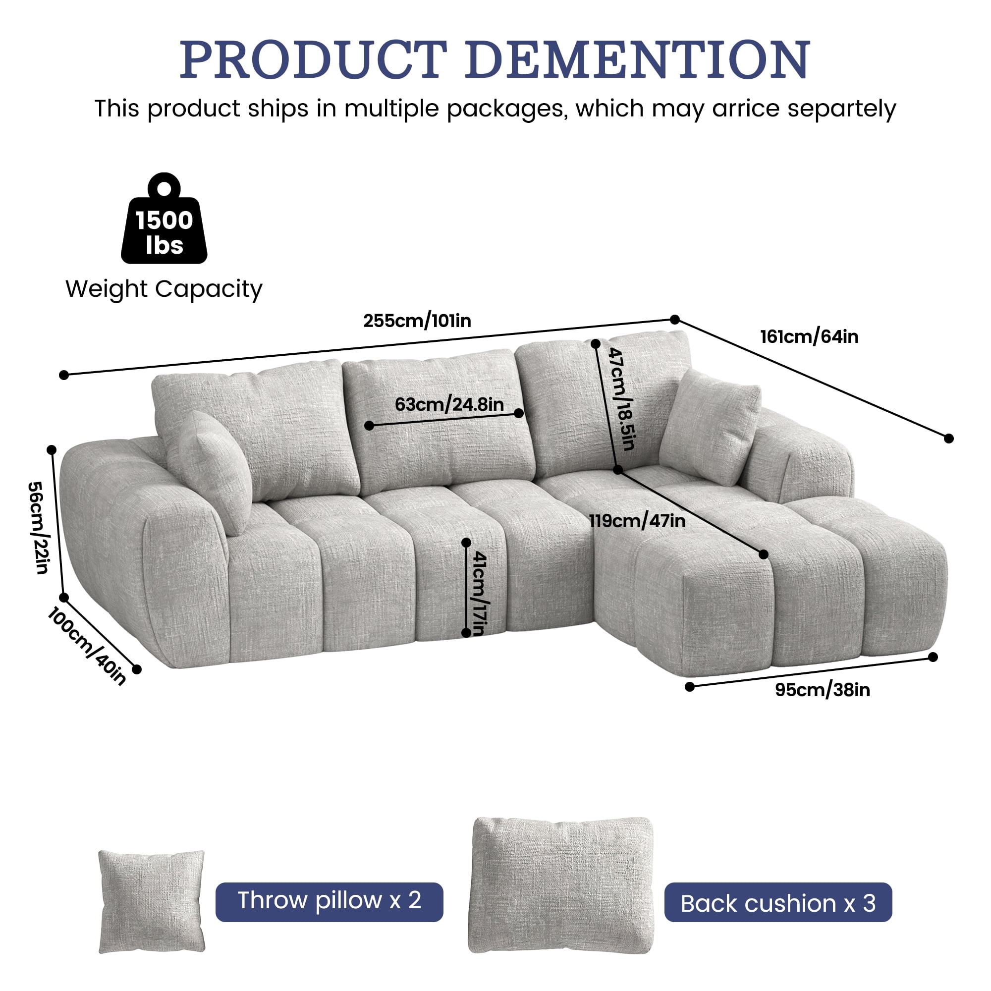 101" Cloud Sectional Couch with L-Shaped Chaise, Modular Sectional Sofa with Deep Seat, Comfy Corduroy Boneless Couches for Living Room, No Assembly Required, Pearl Gray