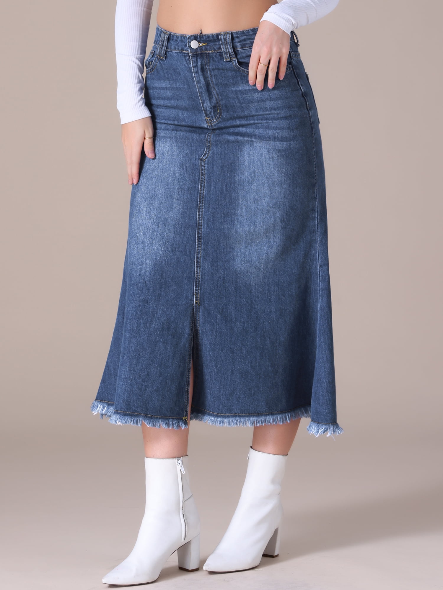 Unique Bargains Women's Long Denim Skirts Split A-Line Fishtail Jean Skirt L Dark Blue