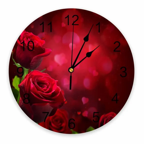Red Rose Flower Love Romantic Decorative Round Wall Clock Arabic Numerals Design Non Ticking Bedrooms Bathroom Large Wall Clock（10 Inch）