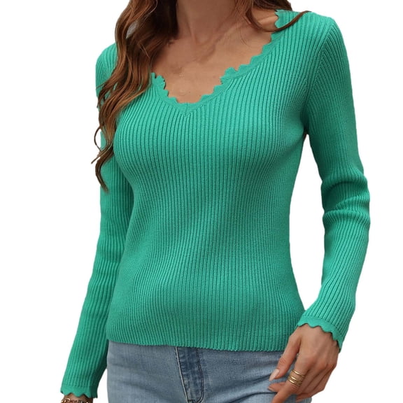 Lovskoo 2024 Sweaters for Women Hollow Out Sweater V Neck Long Sleeve Slim Fit Knitwear Casual Pullover Sweater Green