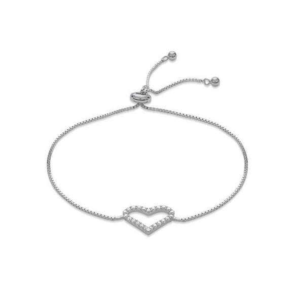 Sterling Silver Rhodium Plated Cubic Zirconia Heart Bolo Bracelet 10 Inches