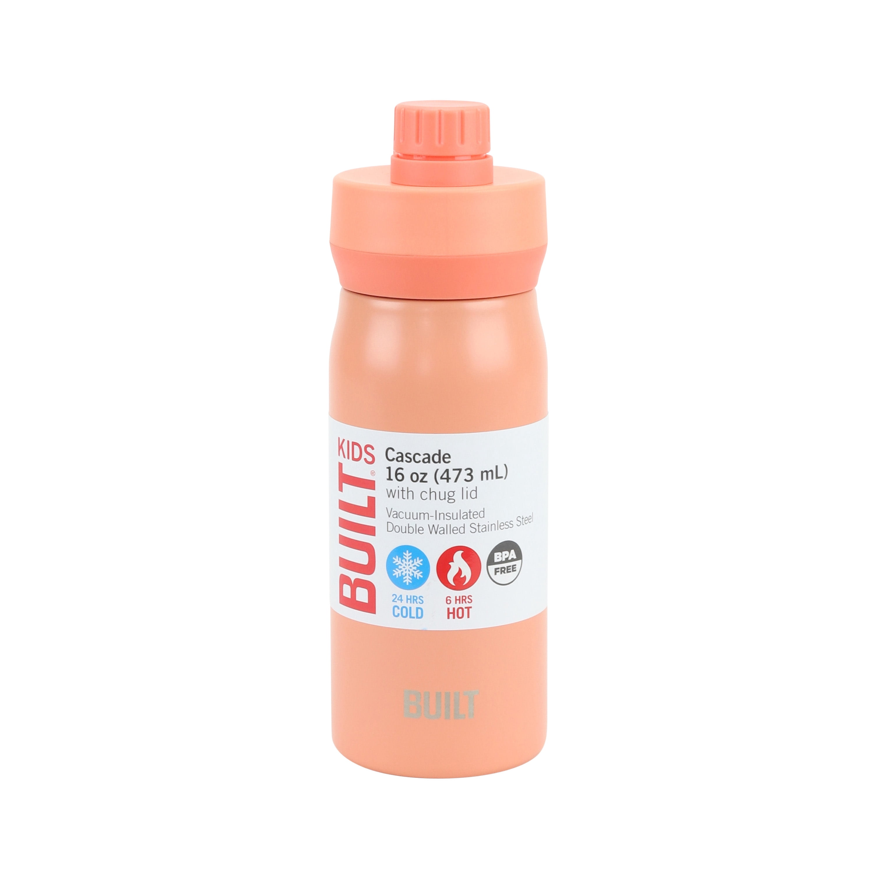 Built 16-Ounce Cascade Stainless Steel Water Bottle with Leakproof Chug Lid, 16 fl oz, Coral