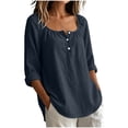 thumbnail image 2 of NTACZA Blouses Women'S Summer&nbsp;Tops Solid Cotton And Linen Casual Button Front Scoop Neck 3/4 Sleeve Relaxed Fit Navy, 2 of 7
