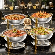 WARMOUNTS Gold Chafing Dishes for Buffet 4 Pack, Stainless Steel Chafing Dish Buffet Set 9QT, Round Chafing Dishes with Glass Lid for Party Events Wedding