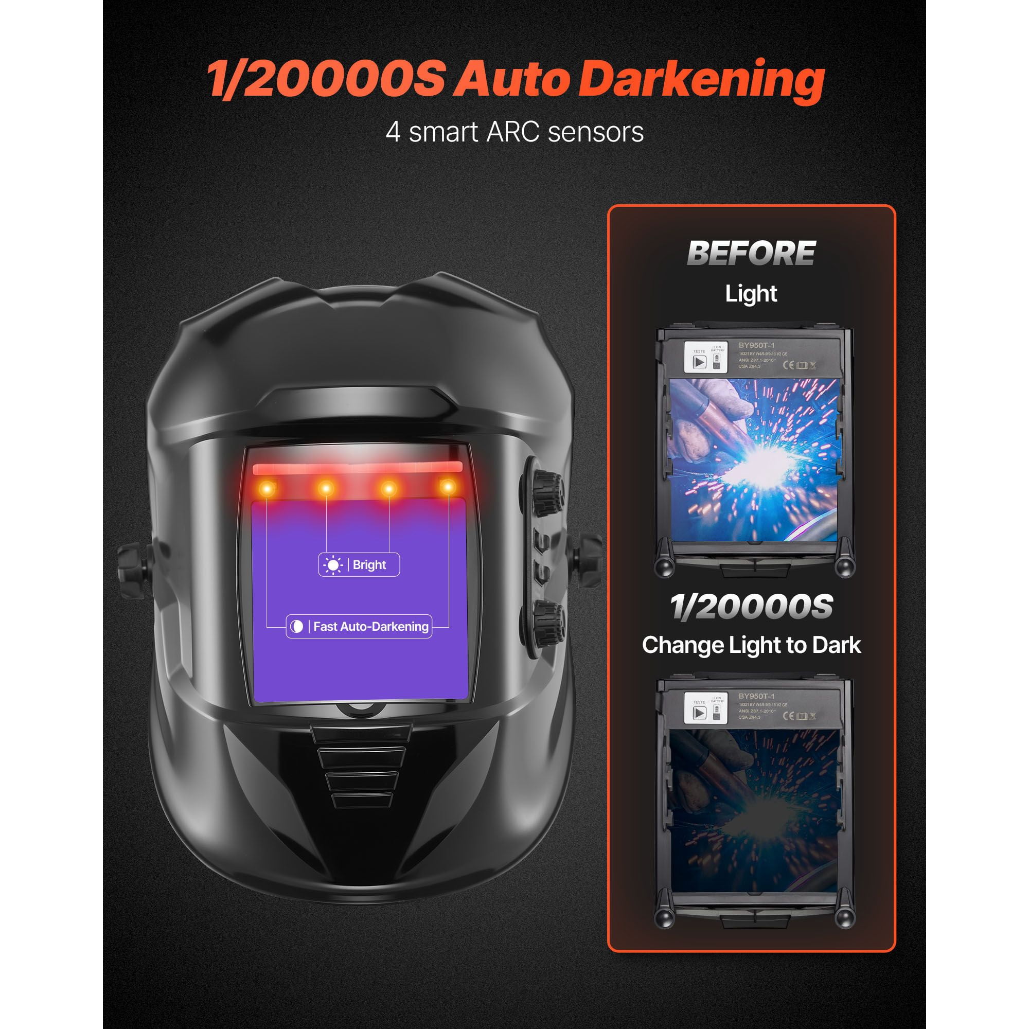 Auto Darkening Welding Helmet, 3.94x3.74 Inch Large True Color Screen, 4 Arc Sensors, 1/20000s Response, DIN 4/5-9/9-13 Adjustable, Solar Powered