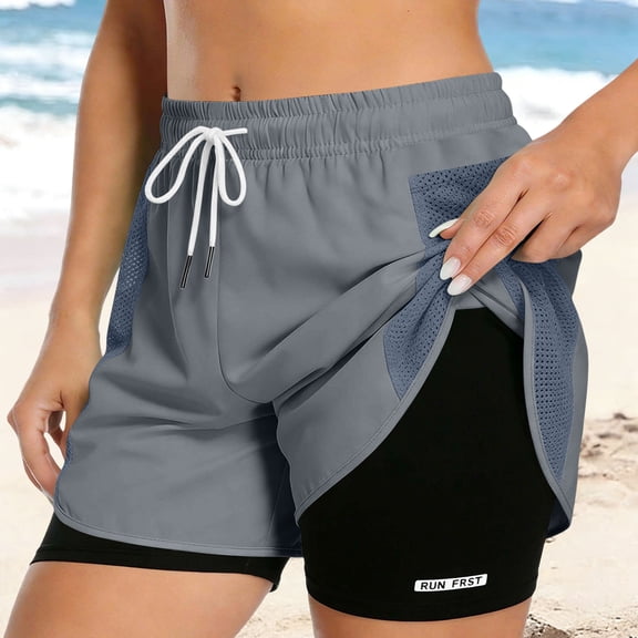 Roncen Women 2 in 1 Gym Running Shorts Drawstring Elastic Compression Liner Workout Athletic Shorts Breathable