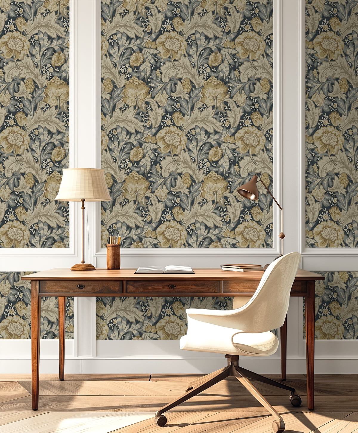 NextWall Midnight Blue & Neutral Acanthus Garden Floral Peel and Stick Wallpaper - 20.9 in. W x 18 ft. L Roll