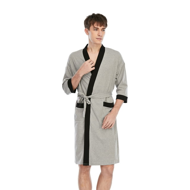 MintLimit Men's Robe Soft Kimono Full Length Knit Bath Robe Mens Long Sleeve Lightweight Nightgown Solid Color Bathrobe Sets with Pockets Gray