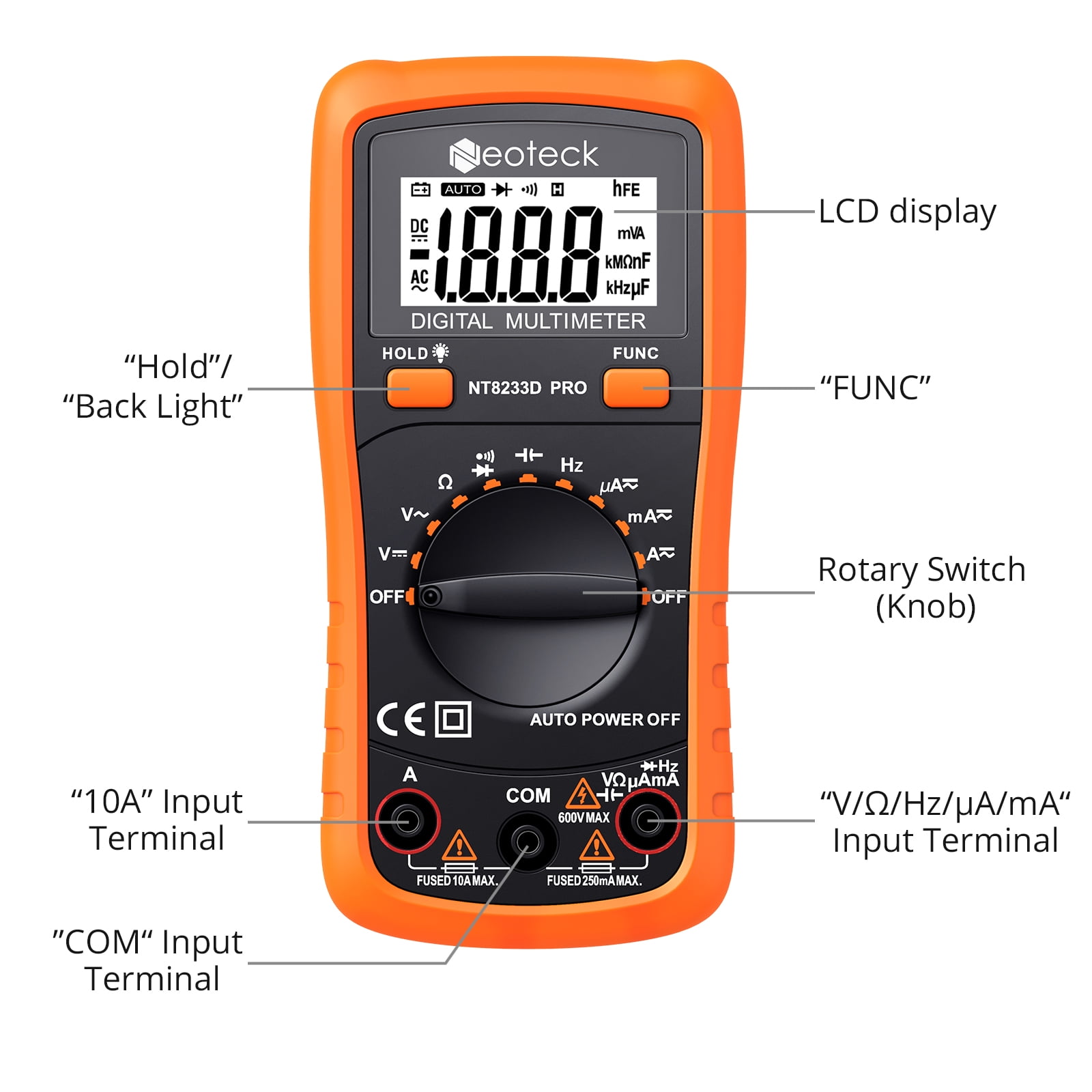 Neoteck Digital Multimeter Auto Range AC DC Voltmeter Ammeter Backlight Tester With Protective Orange Shell with Stand Built