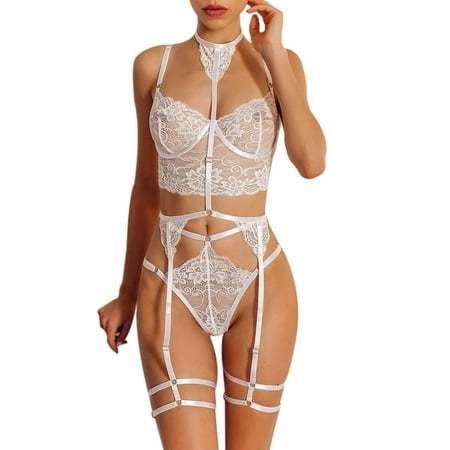 

3Pcs Women Lingerie Set See-Through Lace Spaghetti Strap Vest+T-Back Panty + Garters Belt with Choker Bodysuit