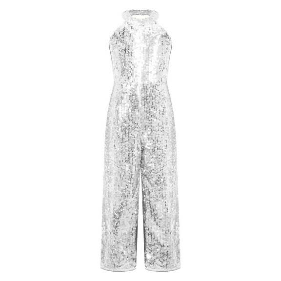 iixpin Kids Girls Shiny Sequins Dance Jumpsuit Halter Neck Pageant Romper Latin Jazz Ballet Leotard Silver 10