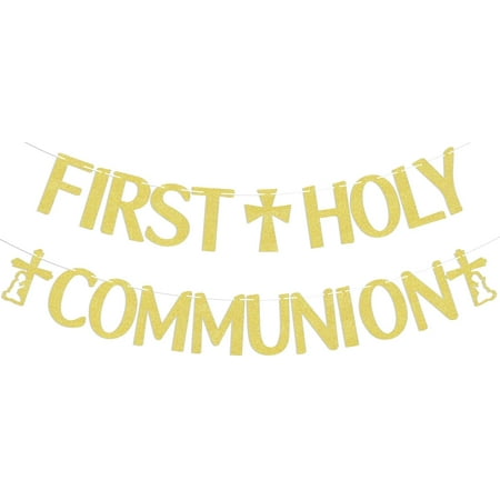 First Holy Communion Banner (Gold Glitter with Cross Icons), First Communion Party Decorations
