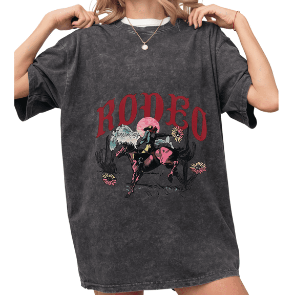 Cozymy Women's Retro Rodeo Cowboy Western Vintage Washed T-Shirt Oversized Short Sleeve Distressed Casual Tee