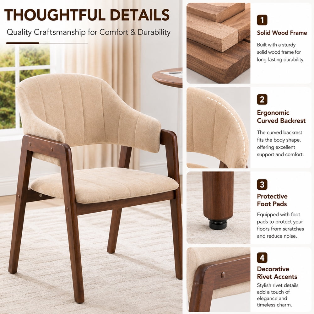 MOONMISS Mid-Century Modern Upholstered Dining Chair with Curved Back and Wooden Frame, Fabric Armchair for Dining Room Kitchen Living Room