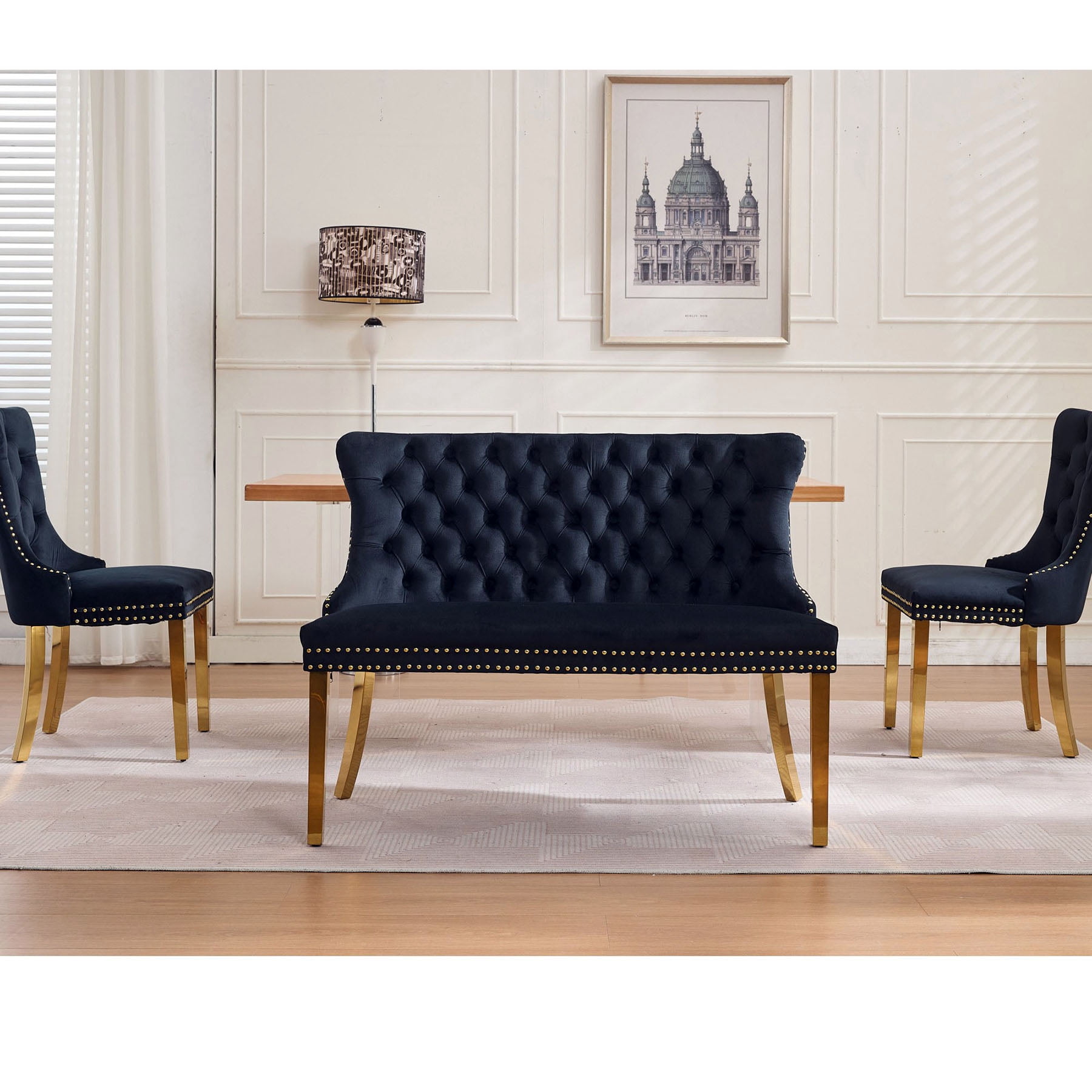 S-HOME Stylish Velvet Double Seat Loveseat Bench Featuring Handmade Buttons and Gold-Plated Steel Legs for Dining Areas, Black