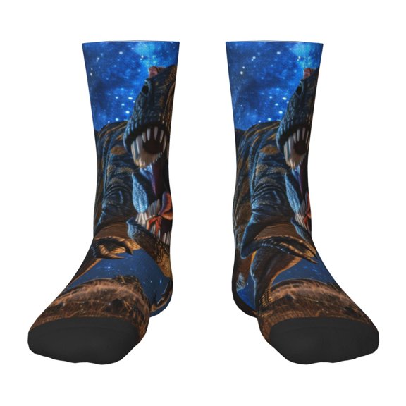 Fuzoiu Starry Night Charging Dinosaur Print Kids Socks For Boys Girls,Grip Crew Socks with Non Slip,Lightweight Stretch Crew Socks,Toddlers Crew Boot Socks