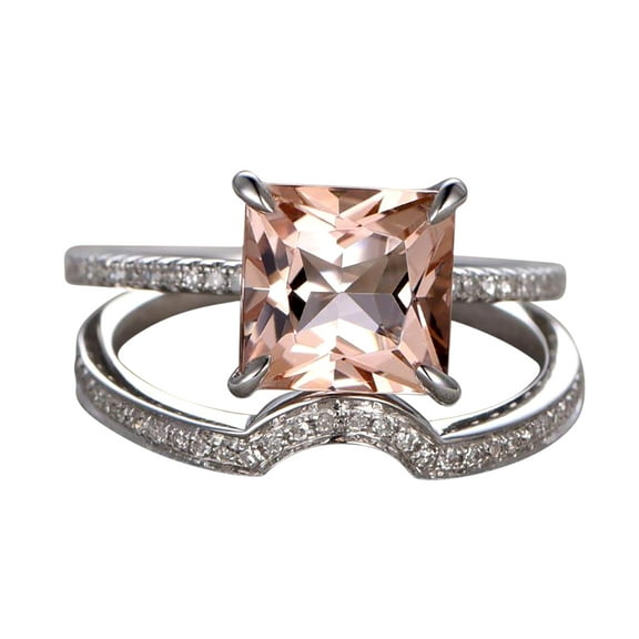 1.50 Carat Peach Pink Real Morganite (princess cut Real Morganite) Moissanite Engagement Ring Wedding Bridal Set with 18k Gold Plating