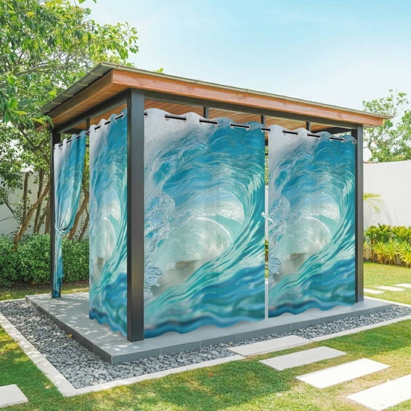 Outdoor Curtains for Patio Waterproof, Teal Blue Coastal Wave Outdoor Privacy Panels Grommet, Modern Summer Ocean Beach Sea Blackout Outside Curtains for Porch/Cabana/Pergola/Gazebo 54"x95", 2 Panels