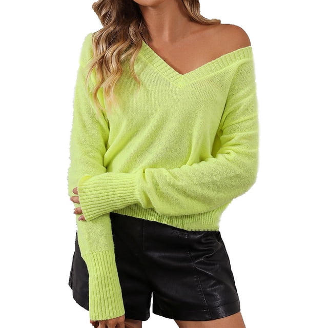 Gibobby Suéter térmico de manga larga para mujer de punto de otoño e invierno para mujer, moda de temperamento, manga larga, cuello en V, Color sólido (Verde, M)