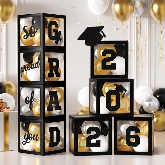 Graduation Decorations, 2026 Graduation Party Decorations Balloon Boxes with "GRAD" & "So Proud of You" Letters, 4 Pack Grad Boxes for College Graduation (9.8 Inches)