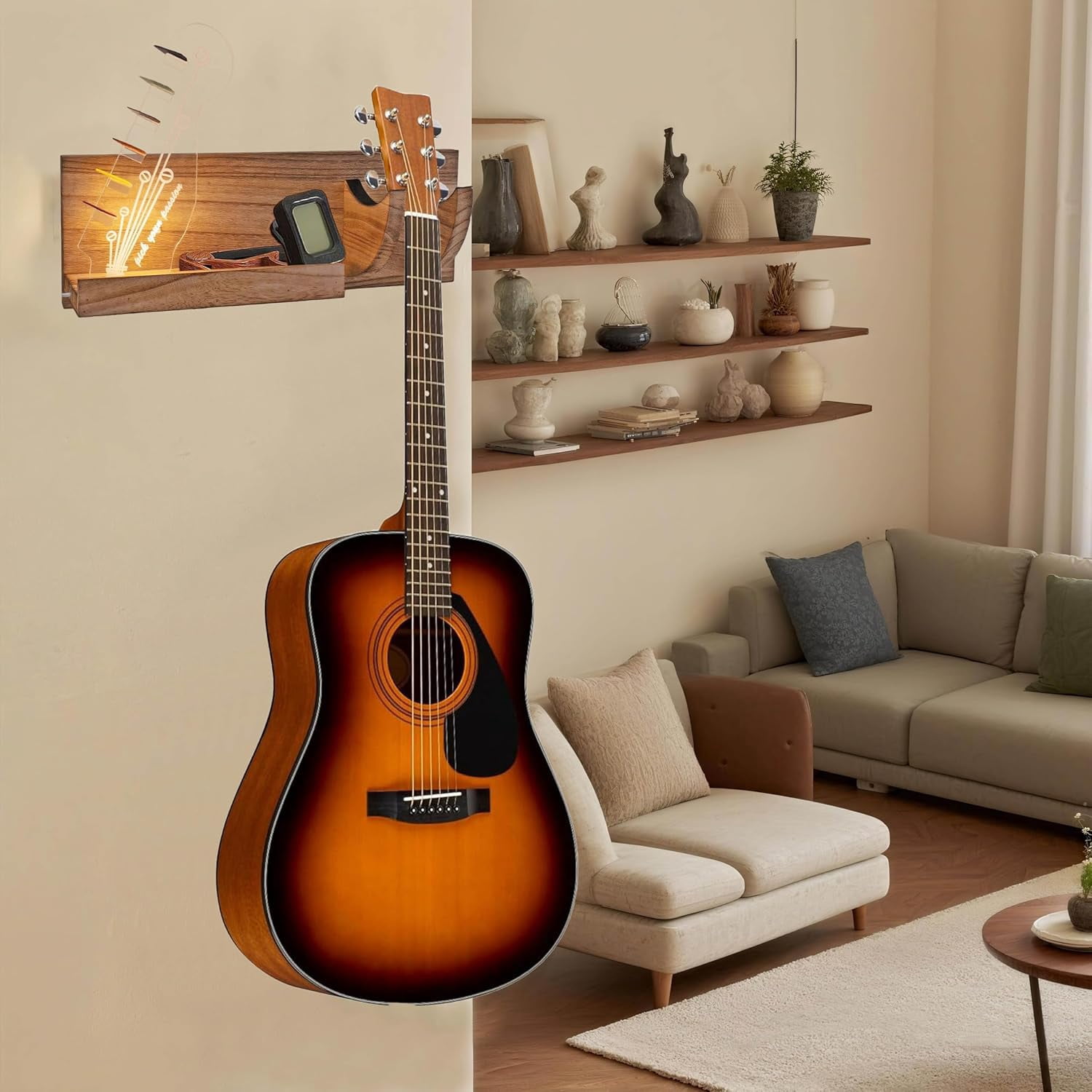 Guitar Wall Mount Hanger Bass Stand Light Up Wood Hanging with LED Acrylic Guitar Pick Holder Display Electric USB-Powered Guitar Accessories - Gift for musicians Men, Music Lovers Players Room Decor