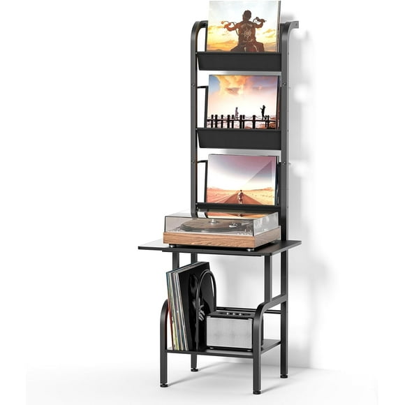 Tall Record Player Stand with Vinyl Storage,Turntable Stand with Vinyl Display Shelf Area,Vinyl Player Stand Holds Up to 200 Albums,Record Player Table Organizer Rack for Record Player-Black
