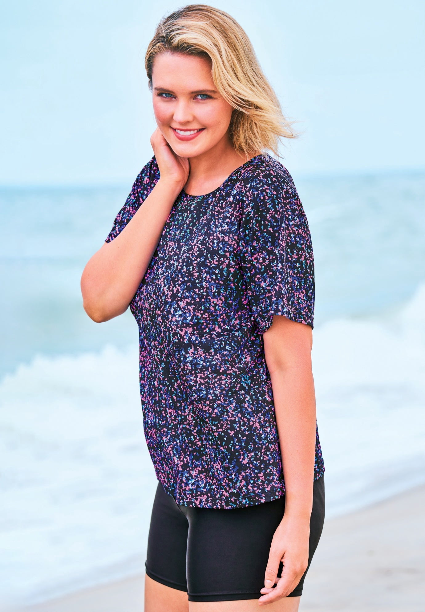 Swim 365 Women's Plus Size Chlorine-Resistant Crewneck Relaxed-Fit Swim Tee