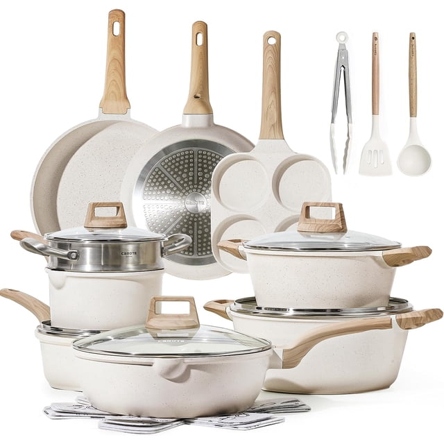 CAROTE Juego de ollas y sartenes antiadherentes, juegos de utensilios de cocina de inducción de granito blanco, juego de cocina antiadherente de 11 piezas con sartenes y cacerolas (libre de PFOS, PFOA