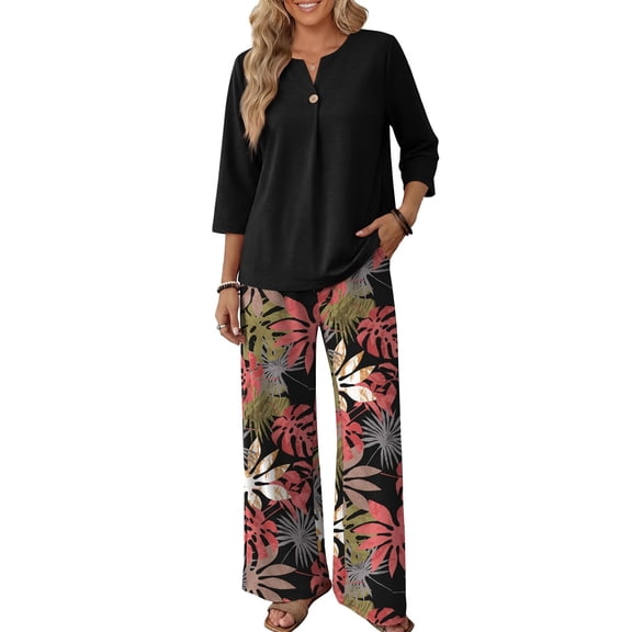 Outfits for Women 2 Piece Sets 3/4 Length Sleeve Tops and Wide Leg Pants Lounge Sets Airport Beach Vacation Clothes